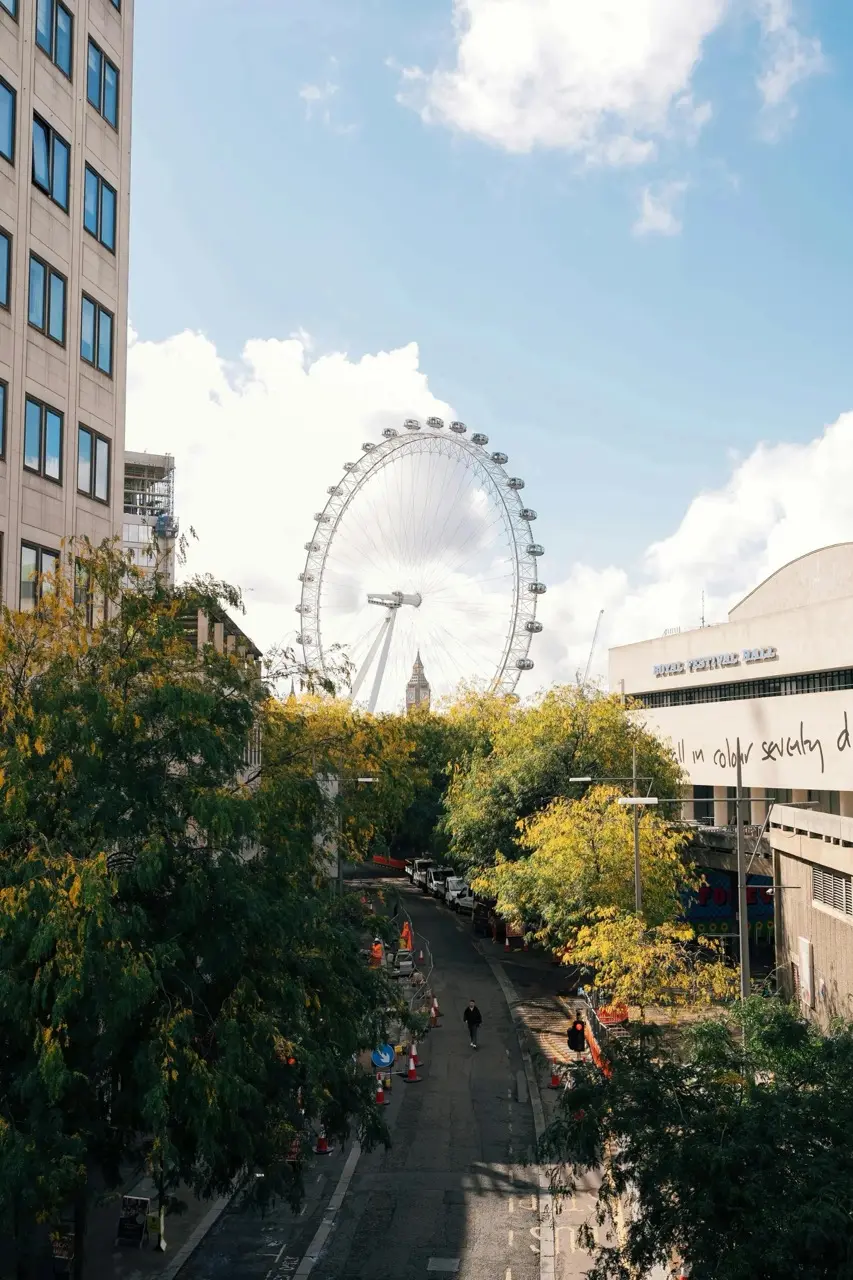 Street view in London with trees, buildings, and the London Eye ferris wheel in the background under a partly cloudy sky.